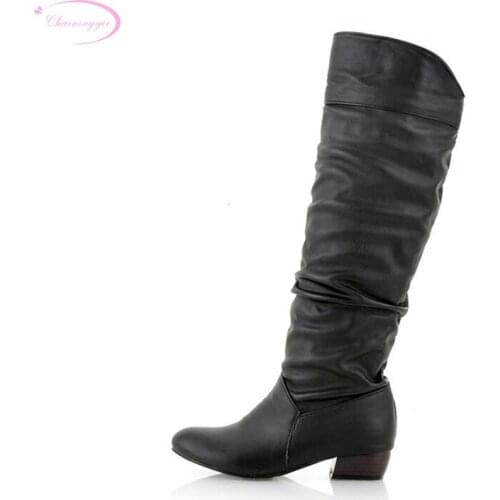 Chainingyee street comfortable autumn ankle boots fashion fold slip black white brown low heel womens riding boots big size