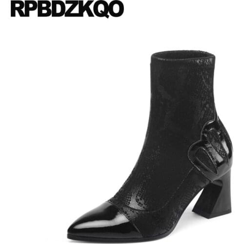 Ankle Chunky Shoes Pointed Toe Big Size High Heel Brand Women Winter Boots Genuine Leather Crossdresser Stretch Snakeskin Snake