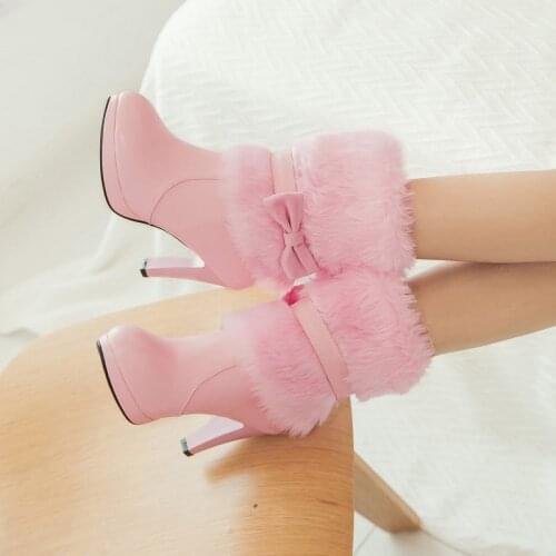 YQBTDL Winter 2020 Faux Fur Design High Heel Boots Sweet Bowtie Spike Heels Pink White Black Woman Shoes Ankle Snow Boots Female
