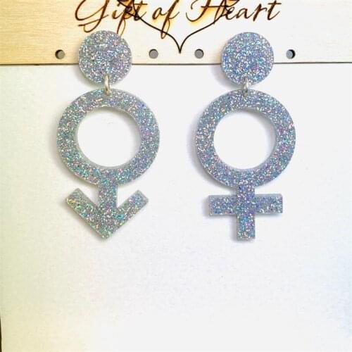 Mismatched Female Male Symbol Acrylic Earrings, Rainbow Glitter Feminist Statement Earrings with Sterling Silver Posts