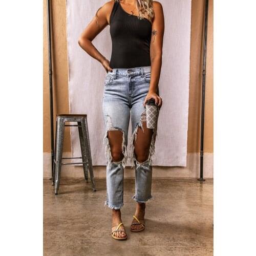 Women Full Jet Grinding White Big Hole Suspender Small Straight Leg Capris Jeans