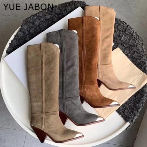 2020 metal studded pointed toe Knee High Boots spike heels Winter Women Long Boots Winter Shoes Suede Leather Over the Knee Boot