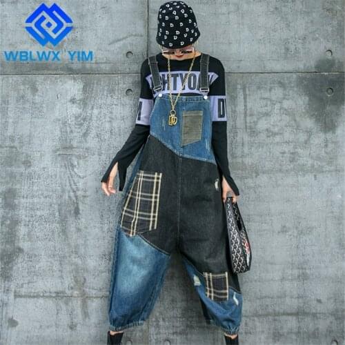 2021 Spring Autumn Denim Jumpsuits Women Pocket Fashion Patchwork Wide leg Jeans Sleeveless Rompers Female Loose Denim Overalls