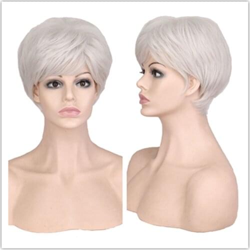 SuQ Women Classical Short Sliver Wig Hair Synthetic Natural Sliver White Cosplay Heat Resistant Daily Wigs For Women