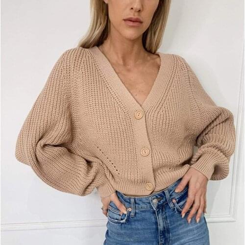 2020 New Casual Loose V-neck Knitting Sweater Women Long Sleeves Buttons Solid Color Pullover Sweater Cardigan Sweaters Mujer