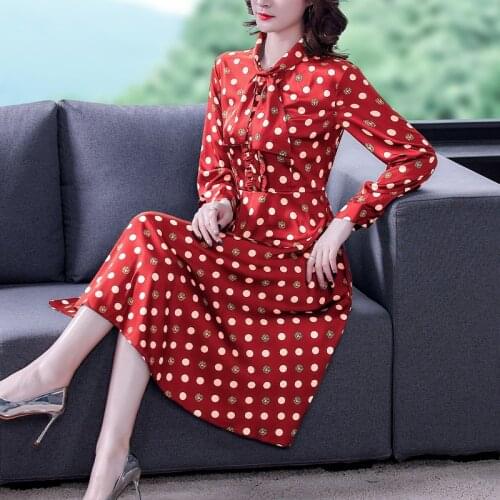 Spring Red Dot Print Silk Satin Midi Dresses 2021 Autumn Vintage Office Lady Casual Dresse Women Elegant Bodycon Party Vestidos
