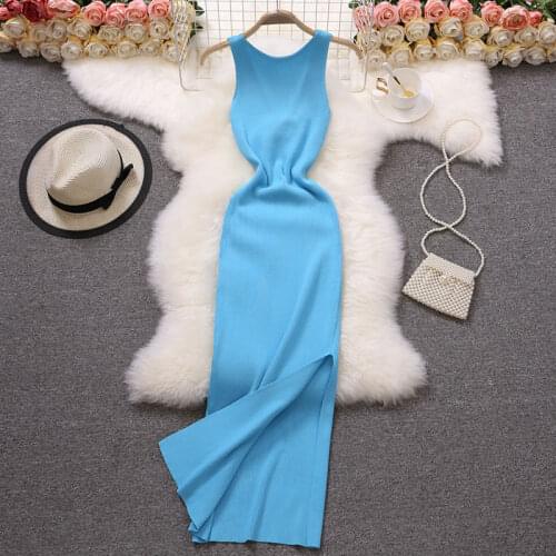 2021 Summer Women Sleeveless Cross O-Neck Split Knitted Bodycon Dress Lady Backless Elastic Slim Waist Pullover Chic Midi Dress