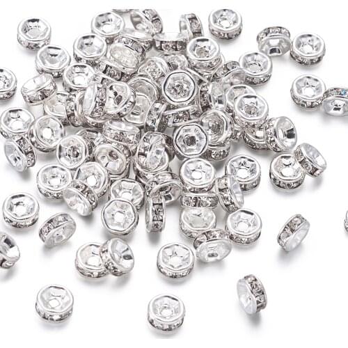 200pcs 6mm Brass Crystal Rhinestone Spacer Beads Grade AAA Straight Flange Nickel Free Silver Color Rondelle 6x3mm Hole: 1mm