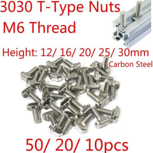 3030 Carbon Steel Profile Accessories M6 T Screw Fastener Bolt M6x1/ M6x16/ M6x20/ M6x25/ M6x30mm for Slot Groove 8mm 50/ 20pcs