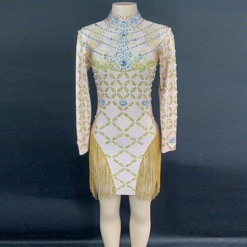 9 Colors Gold Rhinestones Sequins Transparent Dress Tassel Long Sleeves Birthday Celebrate Outfit Women Dance Dress