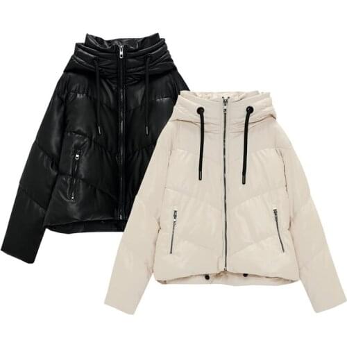 Ailegogo New Winter Women Hooded Zipper Black Faux Leather Cotton Coat Casual Female Thick Warm Short Jacket Windproof Outwear