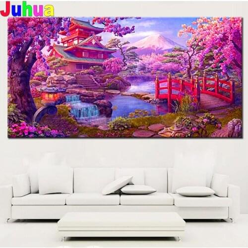 Large size diy 5D diamond painting Japan Mt Fuji full drill Cherry blossom Temple diamond embroidery mosaic cross stitch Decor
