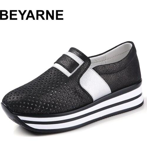 BEYARNE 2020 summer shoes for women cutouts in genuine leather woman swing platform shoe woman sneakers without lace flat shoes
