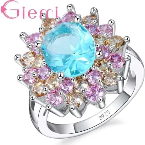 Sparkly 3 Color Flower Ring Exaggerate Design 925 Sterling Silver Cubic Zircon Jewelry Shiny Blue/Pink/Champagne Anel