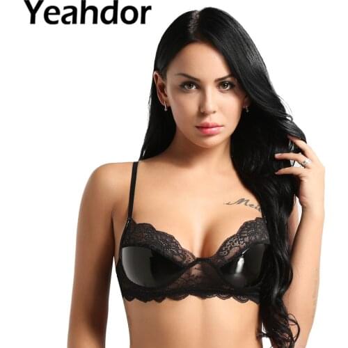 Womens Black Soft Wetlook Bra Top Sexy Clubwear Adjustable Spaghetti Straps Lingerie Lace Faux Leather Wire-free Unlined Bras