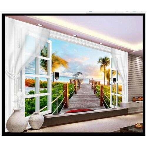 3d photo wallpaper custom 3d murals wallpaper sitting room 3 d scenery coconut palm TV setting wall window curtain wall decor