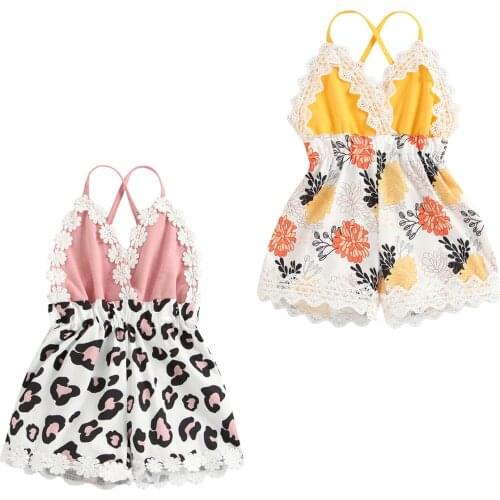 2021-05-04 Lioraitiin 0-3Years Infant Baby Girl Floral/Leopard Print RomperLace Sleeveless V-neck Elastic Waist Sling Jumpsuit