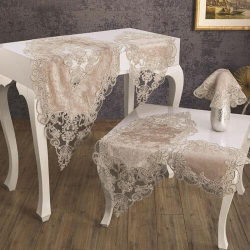 New Season Special Production French Laced Luxury 5 Piece Velvet Çınar Salon Set Crocheted Table Cloth Napkin Runner Console