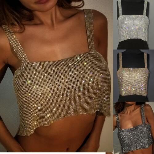 Summer Women Sexy Crop Tank Tops 2019 NEW Sexy Women Summer Sleeveless Square Collar Crystal Halter Shiny Crop Tops
