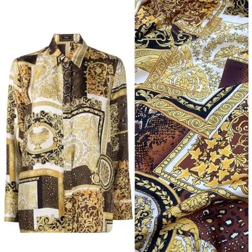 Fashion Fabric Gold Luxury Big-name Pattern Silk 100% Mulberry Silk Stretch Satin Shirt Brand Haute Couture Fabric