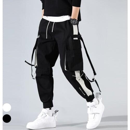 Men Hip Hop Drawstring Multi Pockets Straps Ankle Tied Long Cargo Pants Trousers