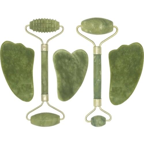 Natural Jade Roller Face Massager Gua sha Scraper Set Gouache Scraper Guasha Massage Tool Facial Body Massage Roller wholesale