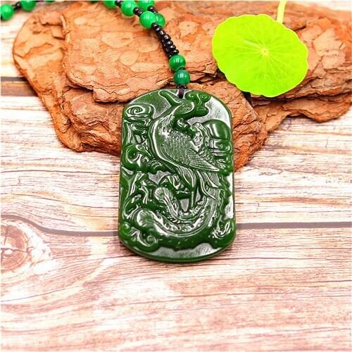 Natural Green Chinese Jade Phoenix Pendant Beads Necklace Fashion Charm Jadeite Jewelry Carved Amulet Gifts for Women Men