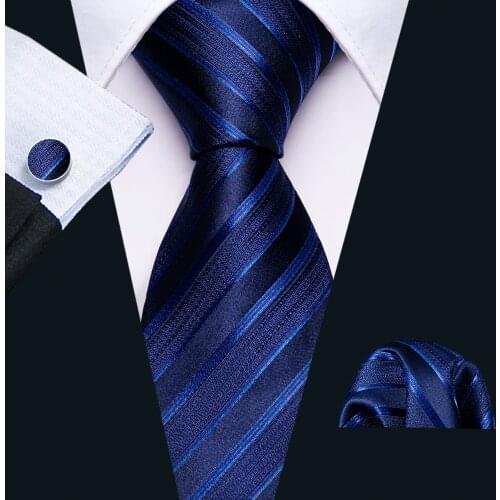 New Fashion Blue Striped Men Tie Set 8.5cm Silk Jacquard Woven Neckties Wedding Business Handkerchief Cufflink Tie Barry.Wang