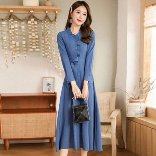 Cotton Linen Dress Women Waist Spring 2021 New Fashion Thin Temperament Long-Sleeved Over-Knee Dress Female Elegant Dresses W72