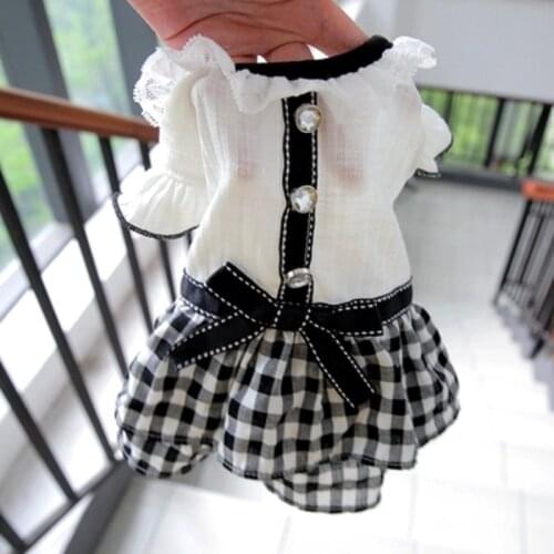 New Princess Dog Dresses Black Red Plaid Skirt Rhinestone Buttons Bows Decor Puppy Dog Clothes
