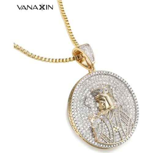 Play Card K King Pendants Necklace For Men Hip Hop Round Iced Out Classic Jewelry Cubic Zircons Stone Pendants For Women