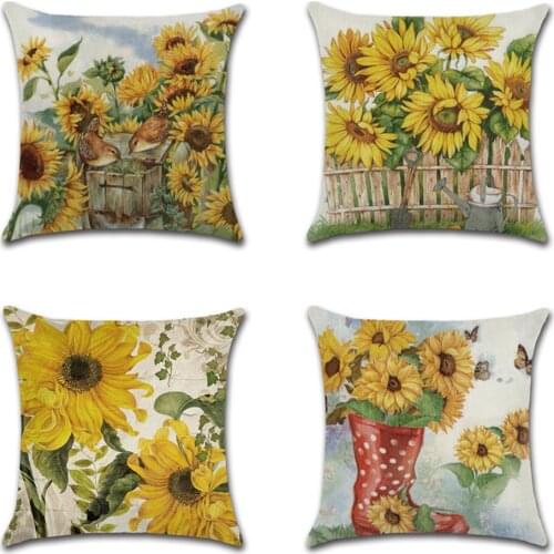 Hand-Painted Sunflower Theme Red rain boots Linen Cushion Cover 45X45cm Farm Pillow Case Home Decorative Pillows Cover For Sofa