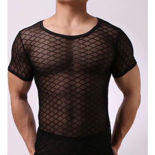Mesh Undershirts Shorts Sleeve Fishnet Transparent Men Tops Tees Sports Bodybuilding Summer Singlet T-shirts Underwear Clubwear