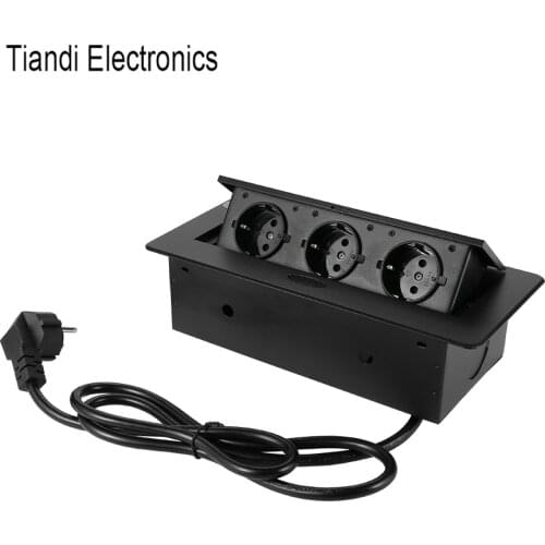 Hide dustproof zinc alloy pop up black round edge table top socket 3-digit EU standard power outlet box plug with welding cable