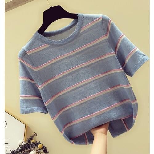 Shintimes Striped Tshirt Woman 2020 Summer Fashion Loose T Shirt Women Thin Knitted T-Shirt Short Sleeve Pullover T Shirt Femme