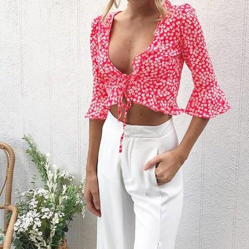 Women Blouse Spring Summer Autumn print v neck Top Short Sexy Tops Womens Fashion Casual Short Blouses Shirts Flare Sleeve top