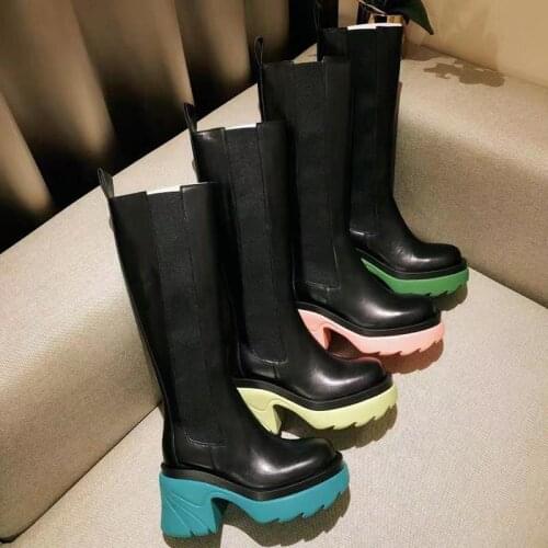 Women Knee High Boots Platform Shoes Chunky Boots Genuine Leather Elastic Sides Slip on Shoe Luxury Brand Designer Women Shoes