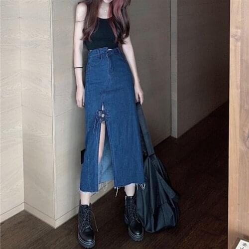 Heydress Vintage Skirts Women Ripped French Summer Sexy Split Denim Skirt Female High Waist Midi Skirt Casual Sexy Split Bottoms