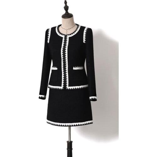 Classic Hepburn 2019 Spring Women Black Woolen Tweed Blazer Suit Sets Color Block O-neck Coat+mini Skirt 2 Pieces Set Y125