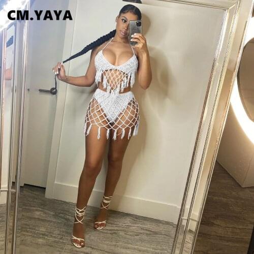 CM.YAYA Women Set Solid Tassel Bandage Halter Bra Tops Mini Shorts Skirts Two 2 Piece Sets Sexy Beachwear Summer Outfits 2021