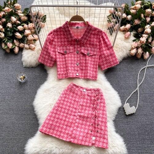Vintage Summer Houndstooth Dress Sets Women Single Breasted Cardigan Crop Top + Short Pencil Skirts Cowboy Two-piece Skirt Suit
