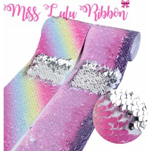 3"75mm Purple Gradient Color Rainbow Stripes Double Reversible Silver Sequin Ribbon Geometric DIY Hair Bowknots 46yards/roll