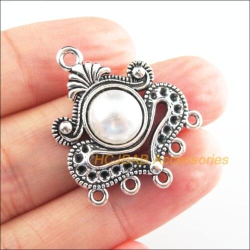 8Pcs Tibetan Silver Tone Retro White Heart Flower Acrylic Charms Connectors 26x31mm