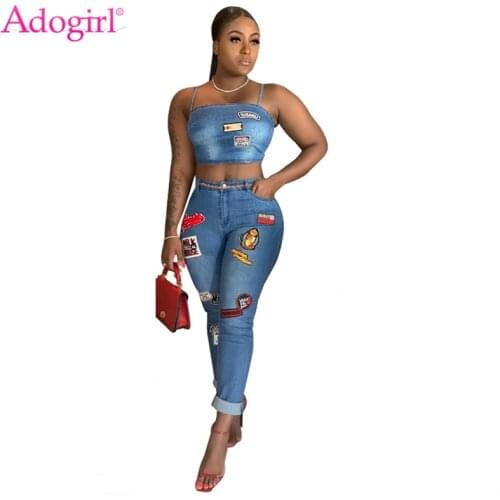 Adogirl Cartoon Patch Jeans Two Piece Set Spaghetti Straps Crop Top Curled Jeans Pants Women Sexy Night Club Suit Casual Outfits