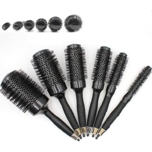 Black Roller Brush Round Comb For Blow Drying Curly Hair Styling Setioning Tip Aluminum Tube Rubber Handle Various Size