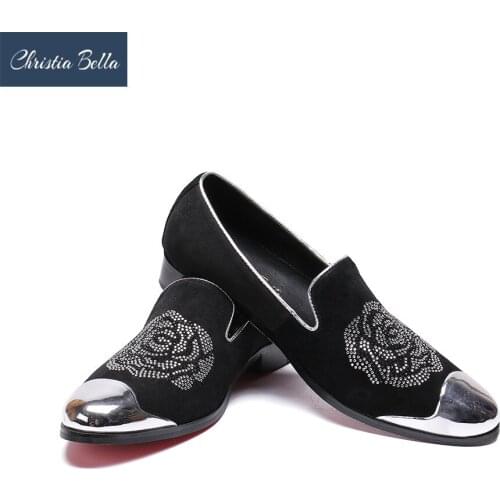 Christia Bella Metal Toe Men Velvet Dress Shoes Handmade Luxurious Flats Mens Fashion Classic Loafers Smoking Slippers Summer