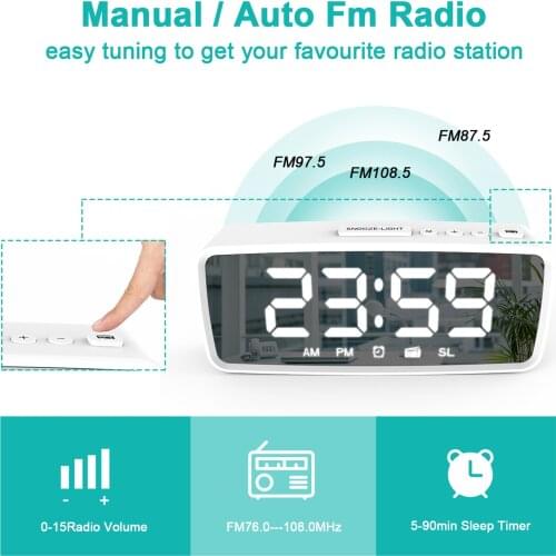 Digital Alarm Clock Radio LED Mirror Alarm Clock Table Electronic Desktop Clocks FM Radio Sleep Timer Adjustable Volume Decor