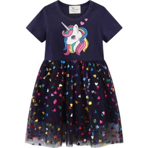 Childrens Summer Short Sleeve Rainbow Mesh Dress Baby Girls Birthday Family Party Feast Unicorn Print Princess Dress 2-7 Years