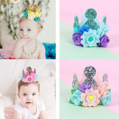 Baby Girl Boy 1st Birthday Party Hat Flower Princess Glitter Crown Hair Decor Headband Hairband Headwear