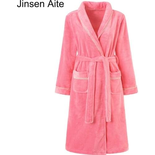 Jinsen Aite New Flannel Bathrobe for Women Soft Autumn Winter Thick Long-sleeved Dress Comfortable Warm Robes Sleepwear JS704